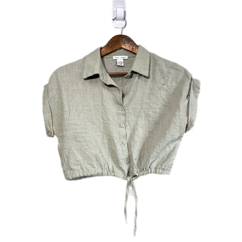 Better Together Button Up Top Womens‎ Size M Sage Green Good Cropped Tie Front